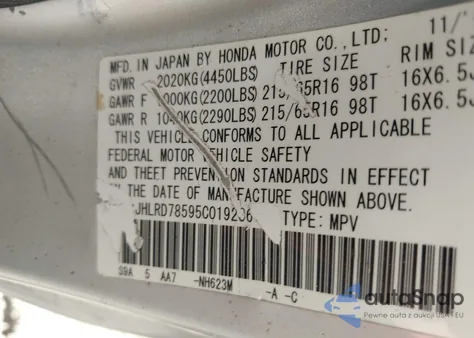 2005 Honda Cr-V Lx z USA, uszkodzony, nr VIN JHLRD78595C019286